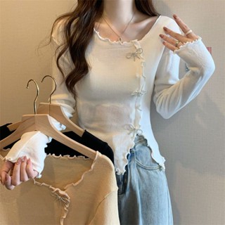 ใหม่ เสื้อยืดกันหนาว แขนยาว ทรงสลิม ผ่าข้าง เซ็กซี่ สีขาว แฟชั่นสําหรับผู้หญิง