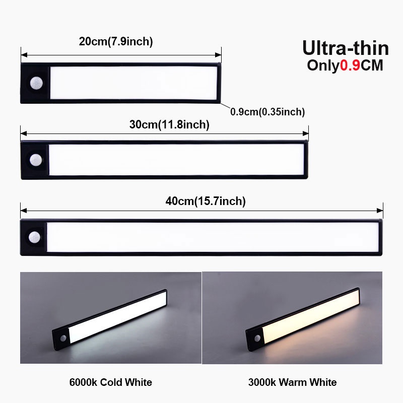 20 ซม./30 ซม. /40 ซม.ยาวบางเฉียบไฟ LED ตู้ชาร์จ Motion Sensor Light USB Night Lights โคมไฟเหนี่ยวนําตู้เสื้อผ้าตู้เสื้อผ้าห้องครัวแสงสามสีปรับ Sensor