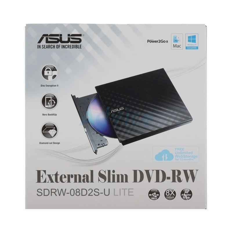 Ext.Slim DVD RW 8X ASUS (08D2S-U) Lite Black - A0046699