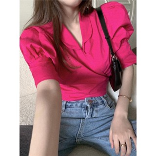 เสื้อแขนสั้นแขนพอง 💗 Summer new rose red short top