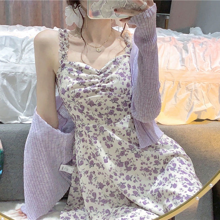 👗ชุดเดรส,👗ชุดเดรสลายดอกไม้สีม่วง สไตล์หวาน