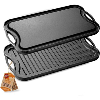 【จัดส่งภายใน 24 ชม】Pre-Seasoned Reversible Cast Iron Grill/Griddle With Handlesกระทะย่างเหล็กหล่อสี่เหลี่ยมยาว สองด้าน,5