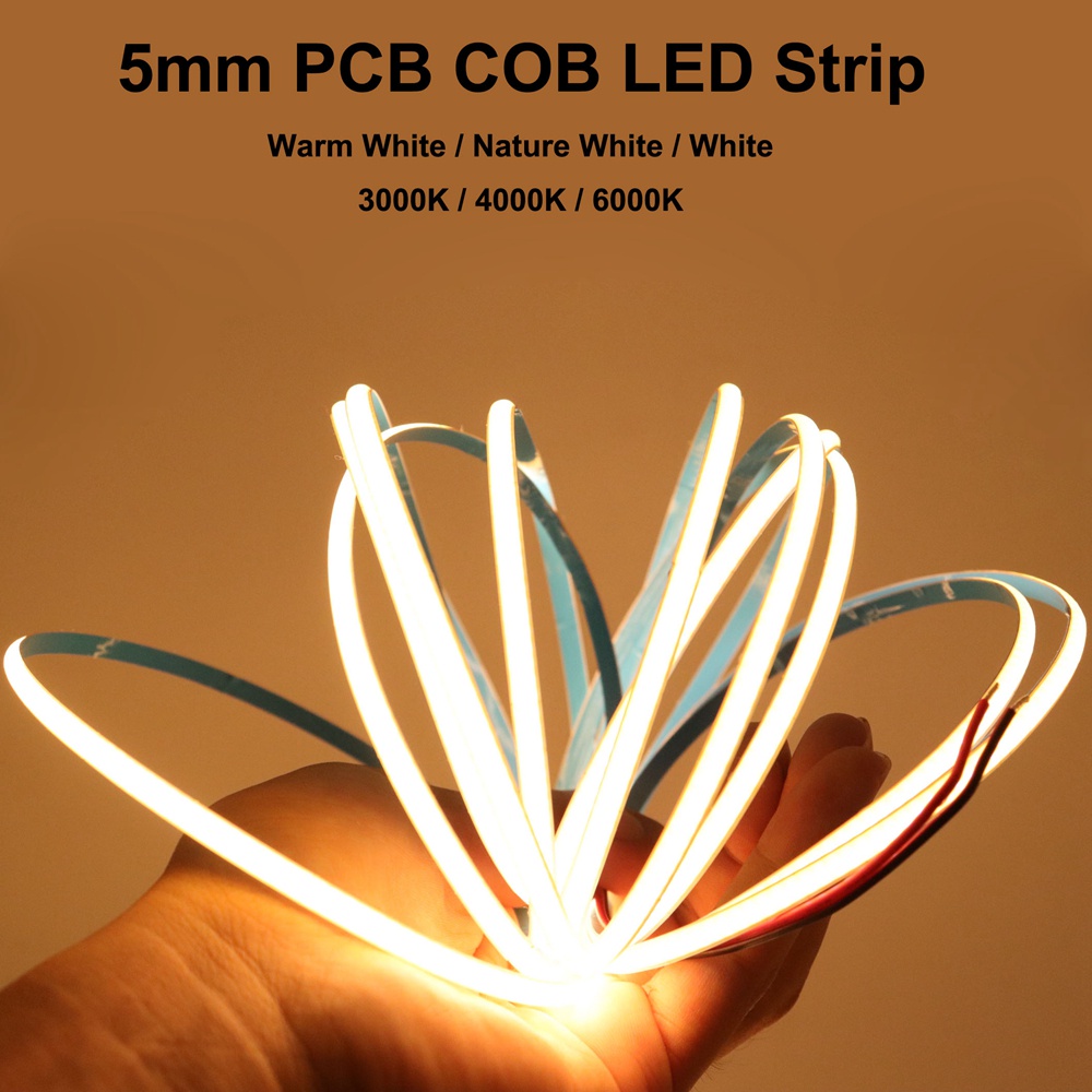 Xnbada 5 m/ม้วน 5 มม.Super Thin COB LED Strip 384LEDs/m Soft ยืดหยุ่น Light Bar Warm สีขาวเย็นสําหรับ Decor 3000K 4000K 6000K DC12V/24V