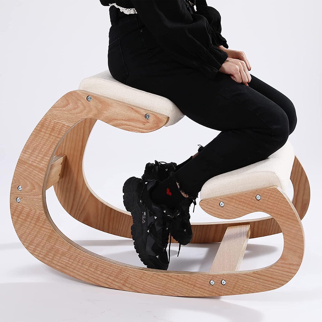 Ergonomic Kneeling Chair for Upright Posture - Rocking Chair Knee Stool for Home, Office & Meditation - Wood & Linen Cus