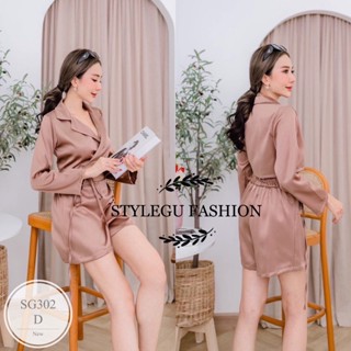 ST302   Set 2 ชิ้น เสื้อแขนยาวคอปก ติดกระดุมหน้าคอปก ผ้าซาร่าเงาหนา สายพันผูกเอวสายยาวผูกได้ตามตัว + กางเกงเย็บขอบสวยสีเ
