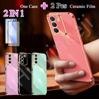 2 IN 1 เคสชุบทอง ขอบโค้ง ป้องกันหน้าจอเซรามิค สําหรับ Infinix Zero 5G 2023 X6815C Zero 2023