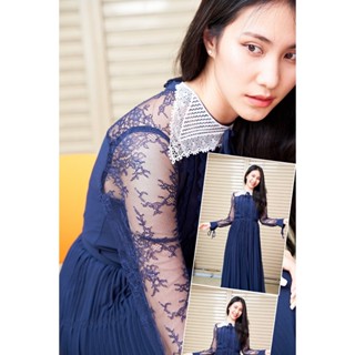 SP266 : Navy Lace Trim Dress เดรสผ้าชีฟองแต่งลูกไม้สีน้ำเงิน