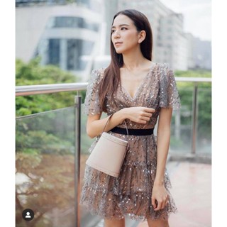 SP110 : Leaf Sequin Midi Dress เดรสน้ำตาลสั้น ปักเลื่อมเงิน