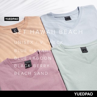 Yuedpao ยอดขาย No.1 รับประกันไม่ย้วย 2 ปี ผ้านุ่ม เสื้อยืดเปล่า เสื้อยืดสีพื้น เสื้อยืดคอวี Set Hawaii beach