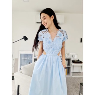 SP262 : Light Blue Cotton Guipure Lace Dress เดรสลูกไม้ผ้าฝ้ายยาว