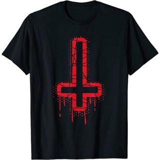 เสื้อเชิ้ตแขนสั้น ไม่ต้องรีด เสื้อยืดผ้าฝ้ายแท้ แขนสั้น คอปก พิมพ์ลาย Upside Down Cross Satanic Hail Satan 666 คุณภาพส