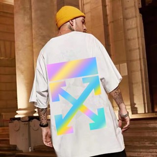 S-8XL OFF cotton summer new style Korean personality colorful reflective arrow print short-sleeved T-shirt for men _02
