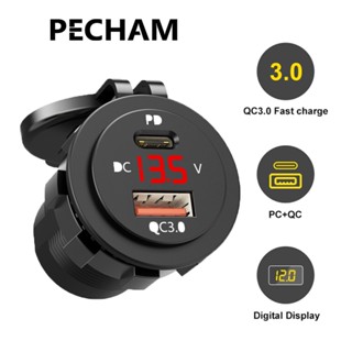 PECHAM อะแดปเตอร์ปลั๊กชาร์จ USB PD 3.0 พร้อมโวลต์มิเตอร์ LED และสายเคเบิล 12 24V สําหรับรถยนต์