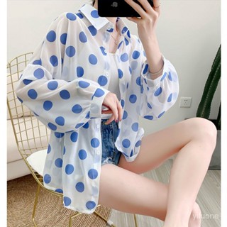 เสื้อกันแดดผ้าชีฟองลายจุดผู้หญิง เสื้อเชิ้ตแขนยาวซีทรูเซ็กซี่ผู้หญิง เปิดหลัง เสื้อคลุมบางๆชีฟอง เสื้อผ้าแฟชั่น กันแดด