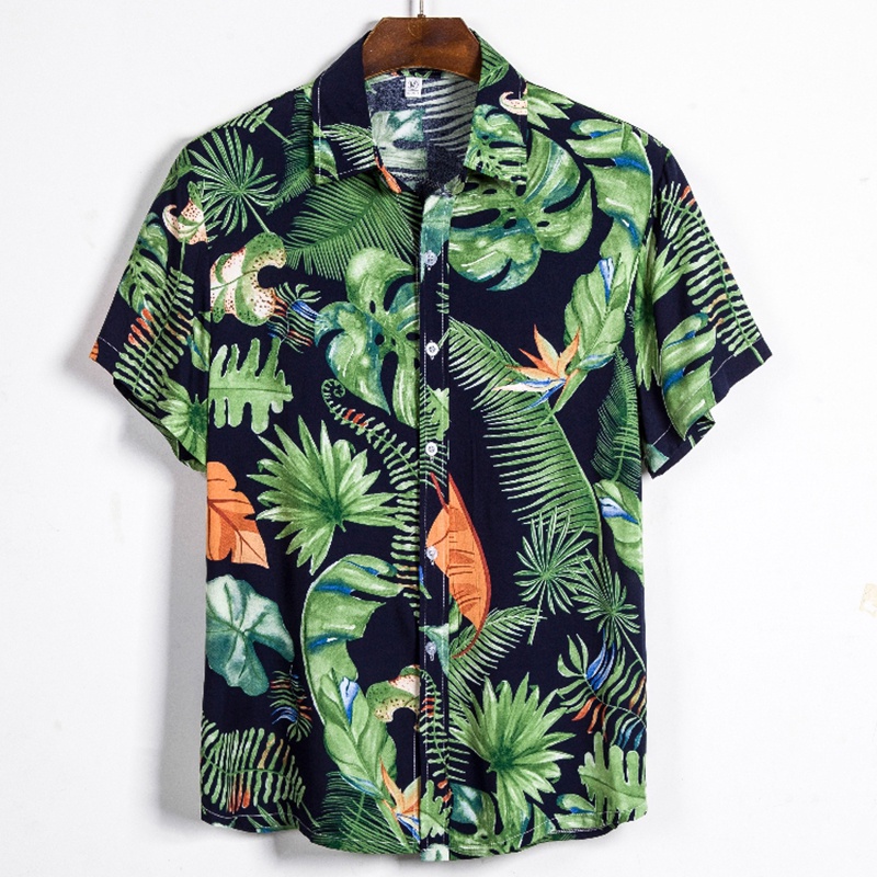 เสื้อเชิ้ตแขนสั้นผ้าฝ้ายและโพลีเอสเตอร์สําหรับผู้ชาย, เสื้อเชิ้ตชายหาดลายใบปาล์มฮาวายเขตร้อน, เสื้อเชิ้ตลําลองฤดูร้