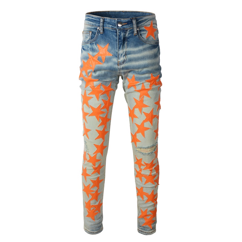 AMIRI กางเกงยีนส์ผู้ชาย Slim Fit Edition ลายดาวพิมพ์ลาย Street Trend Casual \#High Street Denim