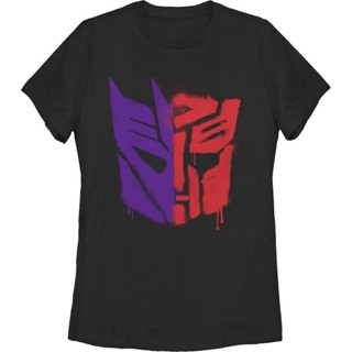 เสื้อไม่ต้องรีด Womens Graffiti Split Logos Transformers Shirt เสื้อคนอ้วน เสื้อยืดแขนสั้น