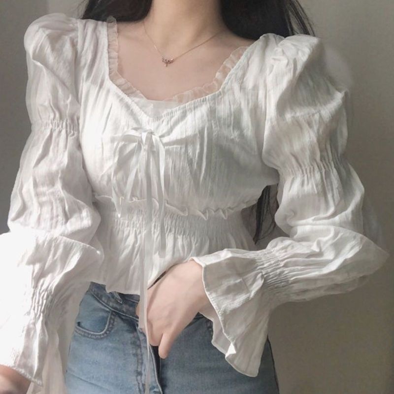 BAH Boutique เสื้อเชิ้ตฝรั่งเศสผู้หญิงออกแบบซอกเสื้อแขนยาว All-Match Fresh Slimmer ดูสั้นด้านบน