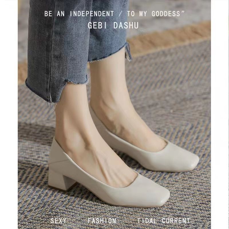 💜รองเท้าเดี่ยวส้นหนาฤดูใบไม้ผลิและฤดูใบไม้ร่วงใหม่หัวตารางกลางส้นทุกการแข่งขันมืออาชีพสูง 5 ซม. รองเท้าส้นสูงสัมภาษณ์พื