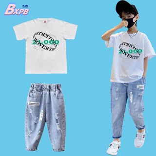 Bxpb- ชุดเสื้อยืดแขนสั้น และกางเกงยีน ทรงหลวม ใส่สบาย แฟชั่นฤดูร้อน สําหรับเด็ก ไซซ์ 110-170