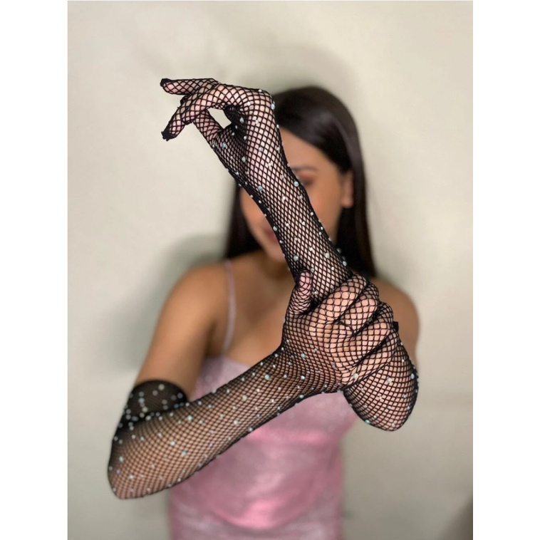 ถุงมือยาว ผ้าตาข่าย ประดับพลอยเทียม เซ็กซี่ สีดํา สไตล์ฮิปฮอป เหมาะกับเต้นรํา เทศกาล สําหรับผู้หญิง