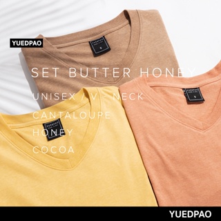 Yuedpao ยอดขาย No.1 รับประกันไม่ย้วย 2 ปี ผ้านุ่ม เสื้อยืดเปล่า เสื้อยืดสีพื้น เสื้อยืดคอวี  Set Butter honey