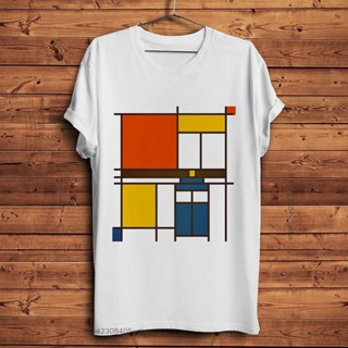 เสื้อยืดขาว เสื้อยืดลําลอง ผ้าฝ้าย แขนสั้น พิมพ์ลาย piet mondrian neoplasticism สีขาว คุณภาพสูง แฟชั่นฤดูร้อน สไตล์ฮาราจ