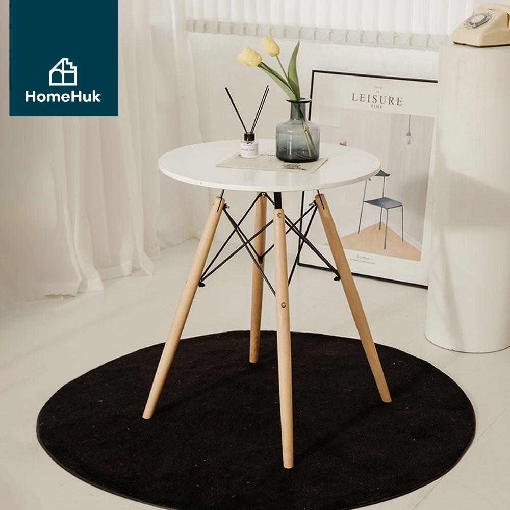 HomeHuk โต๊ะคาเฟ่ ทรงกลม ขาไม้บีช ฐานโครงเหล็ก Ø45-60-80x74cm โต๊ะกาแฟ MDF Mid-Century Cafe Table