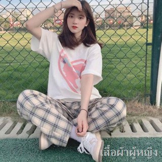 ชุดฤดูร้อนผู้หญิงเสื้อยืดหลวมใหม่ + กางเกงขากว้างลายสก๊อตสบาย ๆ