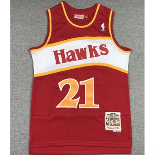 ใหม่ NBA Atlanta Hawks สําหรับผู้ชาย #เสื้อกีฬาบาสเก็ตบอล ปักลาย Dominique Wilkins 21 สีแดง สไตล์เรโทร