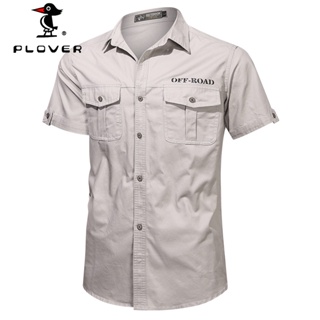 เสื้อเชิ้ตผู้ชาย ยี่ห้อ PLOVER เสื้อแขนสั้น ผ้าฝ้าย 100% เสื้อเชิ้ตขาวดำลำลองพลัสไซส์ M-5XL