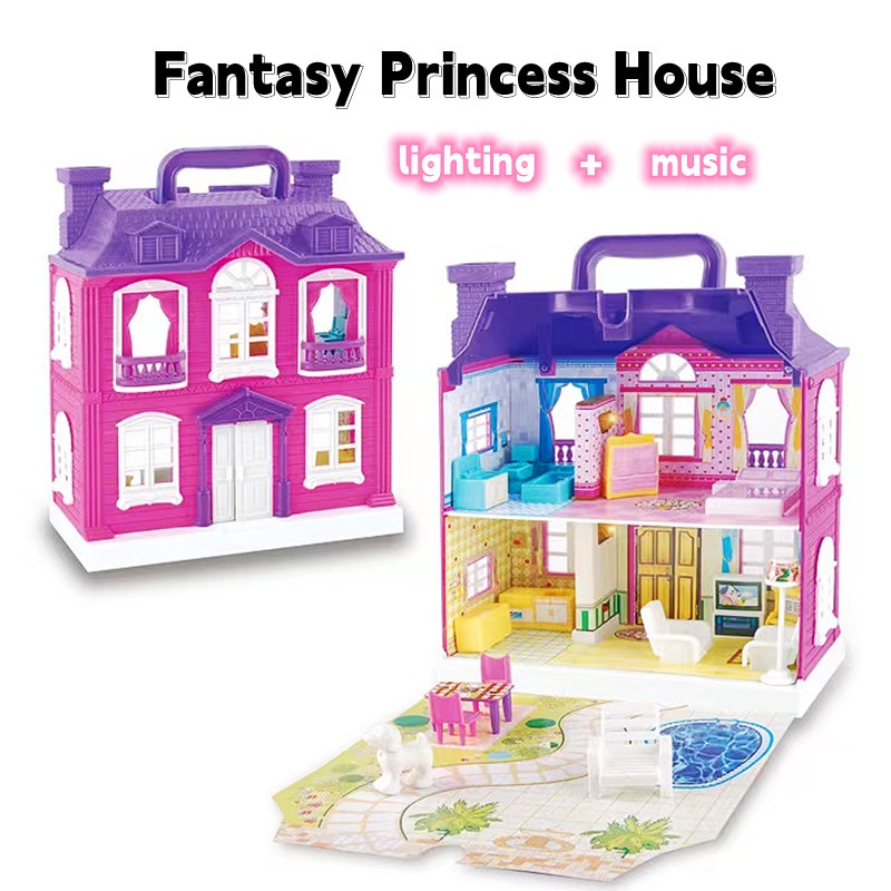 ของเล่นบ้านตุ๊กตาปราสาทเจ้าหญิงจําลอง สีม่วงอ่อน diy สําหรับครอบครัว
