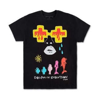 Bubunite เสื้อยืดดำ เสื้อยืดเด็กผู้ชาย ค่าของเงินSLUM LTD - PINK DOLPHIN DOLPHIN EVOLUTION TEE BlackS-3XL