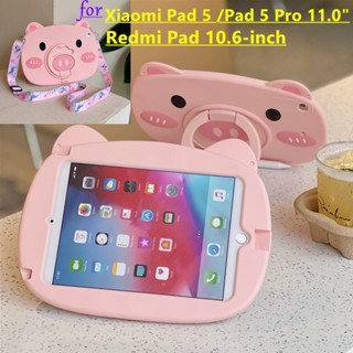 Xiaomi Pad 5 /Pad 5 Pro 11.0" 360 Degree Rotating Stand Shockproof 3D Cartoon Pink Pig Soft Silicone For Redmi Pad 10.6-inch Tablet Cover Case