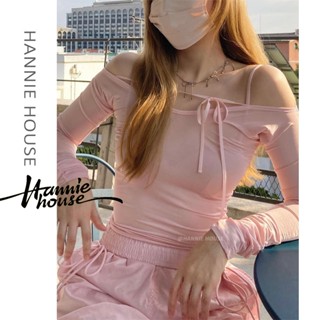 Hannie- เสื้อยืดแขนยาว เปิดไหล่ ผ้าแถบ สีพื้น สําหรับผู้หญิง