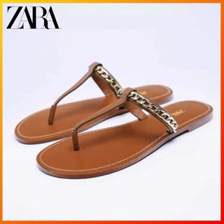 Zara รองเท้าแตะหนัง ส้นแบน แต่งสายโซ่ สีน้ําตาล แฟชั่นฤดูใบไม้ผลิ และฤดูร้อน สําหรับผู้หญิง