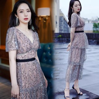 SP109 : Leaf Sequin Midi Dress เดรสน้ำตาลยาว ปักเลื่อมเงิน ยาว 3 ชั้น