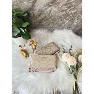 👛กระเป๋าสตางค์ใบยาว มีสายคล้องมือ สีน้ำตาล /ชมพูสวย คลาสสิค-💢 Long Zip Around Wallet In Signature Canvas