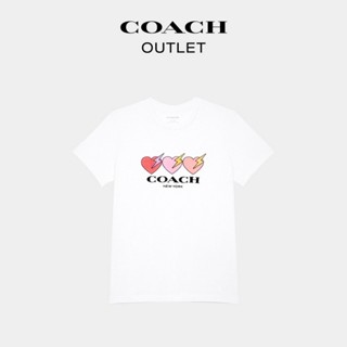 เสื้อยืดผู้หญิง เสื้อยืดผ้าฝ้ายพิมพ์ลาย Coach เสื้อยืดลําลอง ผ้าฝ้าย พิมพ์ลายหัวใจ สามแฉก สําหรับสตรี