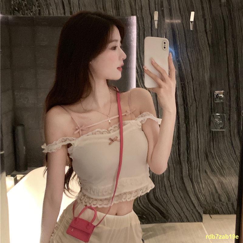 จัดส่งด่วน#เสื้อเบลาส์สีขาว ลูกไม้ เสื้อสายเดี่ยว ผู้หญิง แบบใหม่ ใส่ด้านนอกผูกโบว์สั้น ใส่ด้านใน
