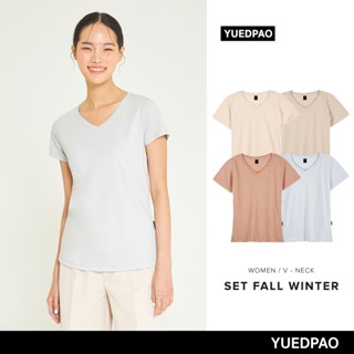 Yuedpao เสื้อยืดผู้หญิงคอวี ทรงเข้ารูป ไม่ย้วย ไม่หด ไม่ต้องรีด ใส่สบาย basicstyle สีพื้นคอวีผู้หญิง สี FALL WINTER