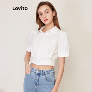 (เซเลปเลือก) Lovito เสื้อเชิ้ตลําลอง ผ้าฝ้ายแท้ แขนสั้น คอปก สไตล์เจ้าหญิง สีขาว L27AD029