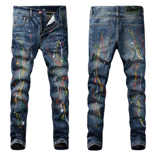 European station retro fashion mens jeans dark blue slim fit splash ink painting craft designer style #vintage jeans.