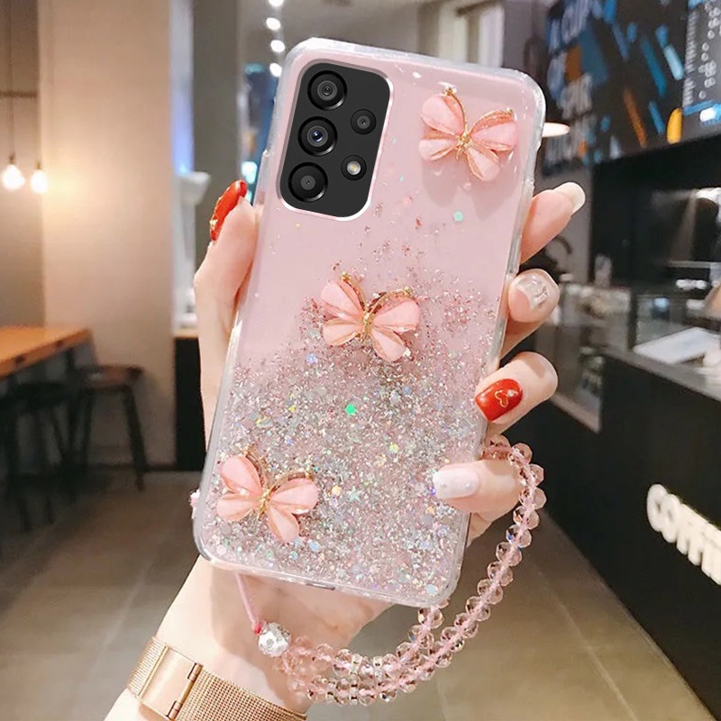 เคสโทรศัพท์สําหรับ Samsung A17 A56 A55 A16 A15 A36 A35 A34 A54 A25 A05S A04S A14 4G 5Gหรูหราผีเสื้อพร้อมสายรัดข้อมือกันกระแทกปกหลัง