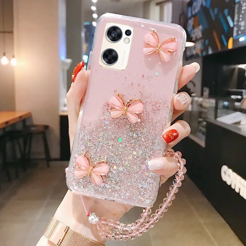 เคสโทรศัพท์สําหรับ OPPO A57 2022 A77S A77 5G A96 A76 Reno 7 5 4 4F 5F 2F 2 5G A91 F7 A94 A93มือถือแบบนิ่ม กันกระแทก ลายผีเสื้อ พร้อมสายคล้องข้อมือ หรูหรา