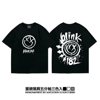 ◙۩﹊Oversize rock blink182 American ins high street heavy drop shoulder five-point sleeve cotton short-sleeved เสื้อยืดผู