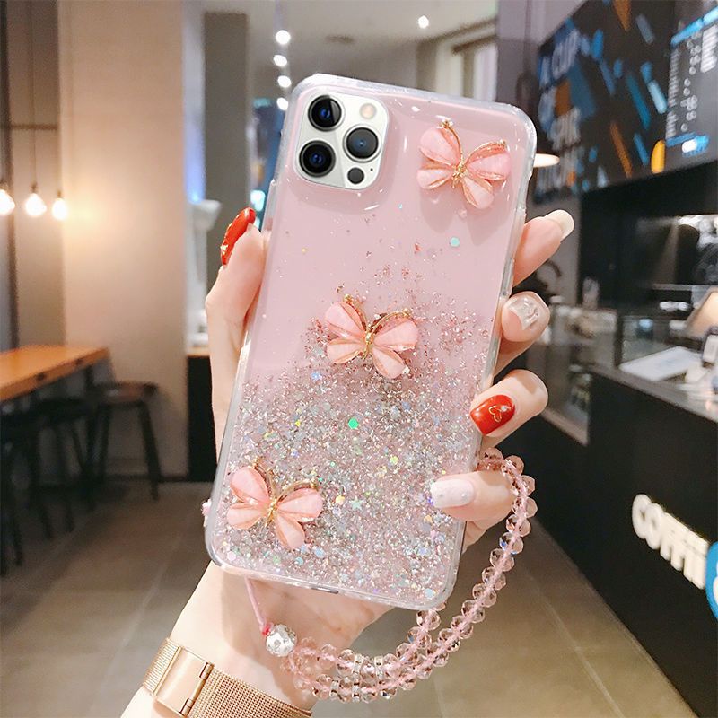 เคสโทรศัพทสําหรับiPhone 16 15 14 13 12 11 Pro Max หรูหราผีเสือพรอมสายรัดขอมือนุมกันกระแทกปกหลัง