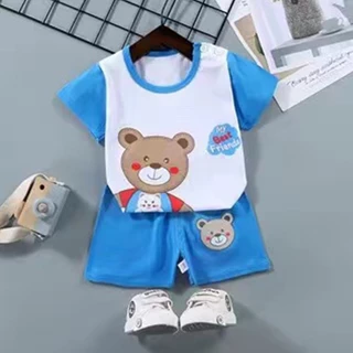 เซ็ต 2 ชิ้น เสื้อคอกลม ลายสัตว์น้อยน่ารัก ขาสั้น เสื้อผ้าเด็กสุดน่ารัก ผ้าเด็กผู้ชาย