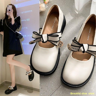 พร้อมส่ง💖Loafers British Women s New Late Mary Jane Small Leather Shoes Retro Medium Heel รองเท้าสบาย