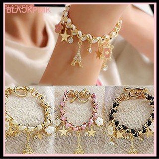 Sunshine_Women Fashion Eiffel Tower Stars Flower Poker Pendants Faux Leather Bracelet Jewelry